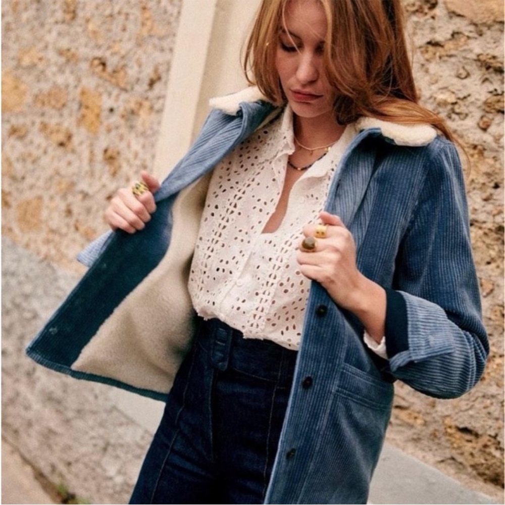 RARE Sezane blue corduroy Will jacket in vintage blue with removable sherpa